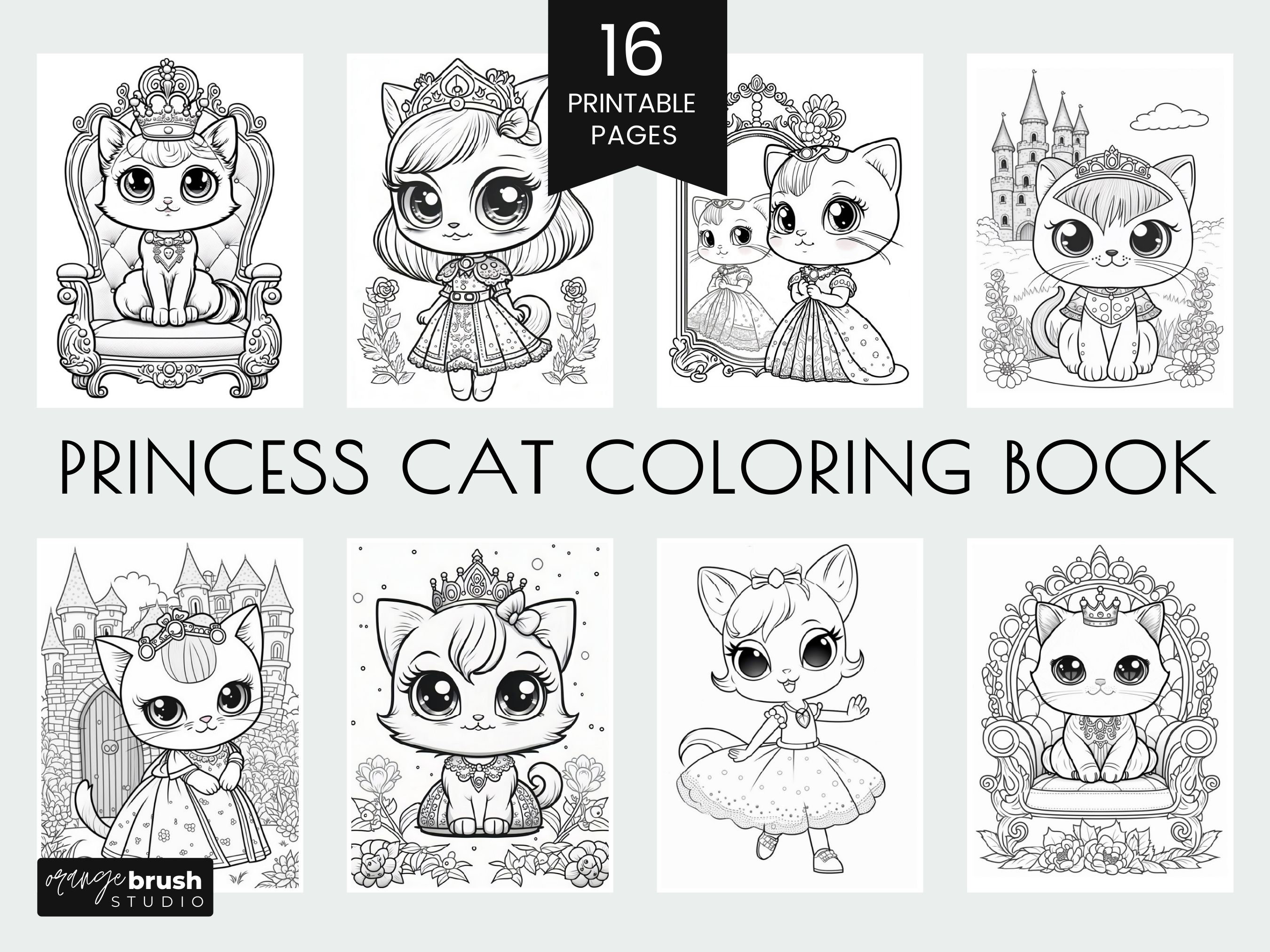 Cat princess coloring page bundle kawaii cat coloring pages printable coloring book pdf kids coloring pages instant download