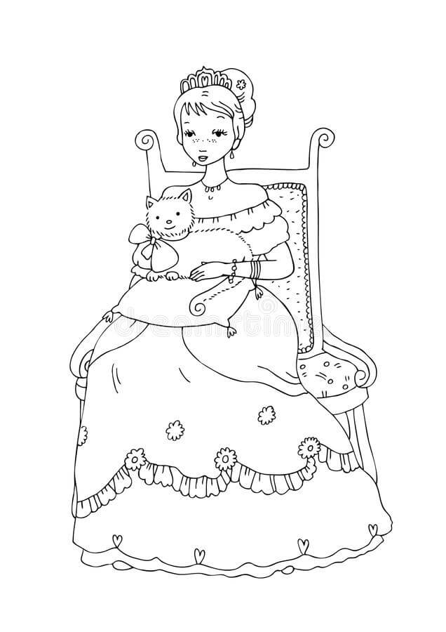 Princess with cat sitting on chair coloring page