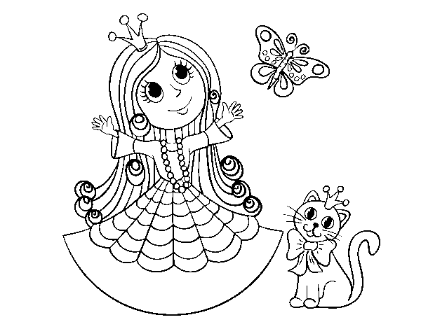 Princess with cat and butterfly coloring page