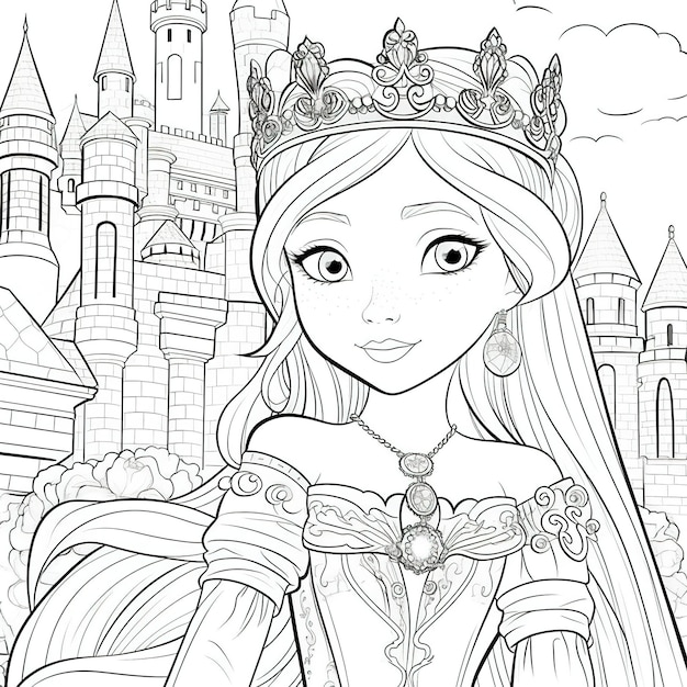 Premium ai image coloring page of a princess in a crown with a castle in the background