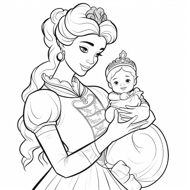 Premium ai image a coloring page of a princess holding a baby generative ai