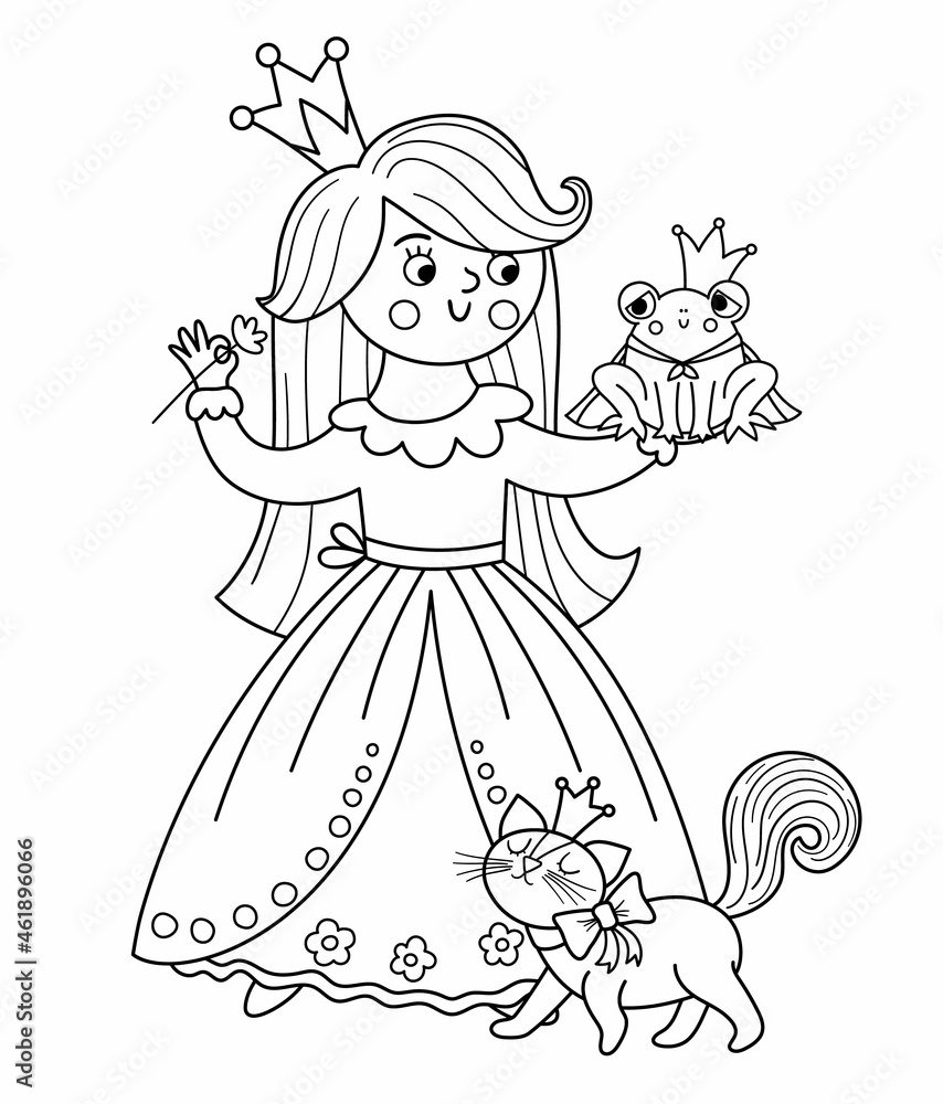 Fairy tale vector black and white princess with frog prince and cat fantasy line girl in crown medieval fairytale maid coloring page girlish cartoon magic icon with cute character vector