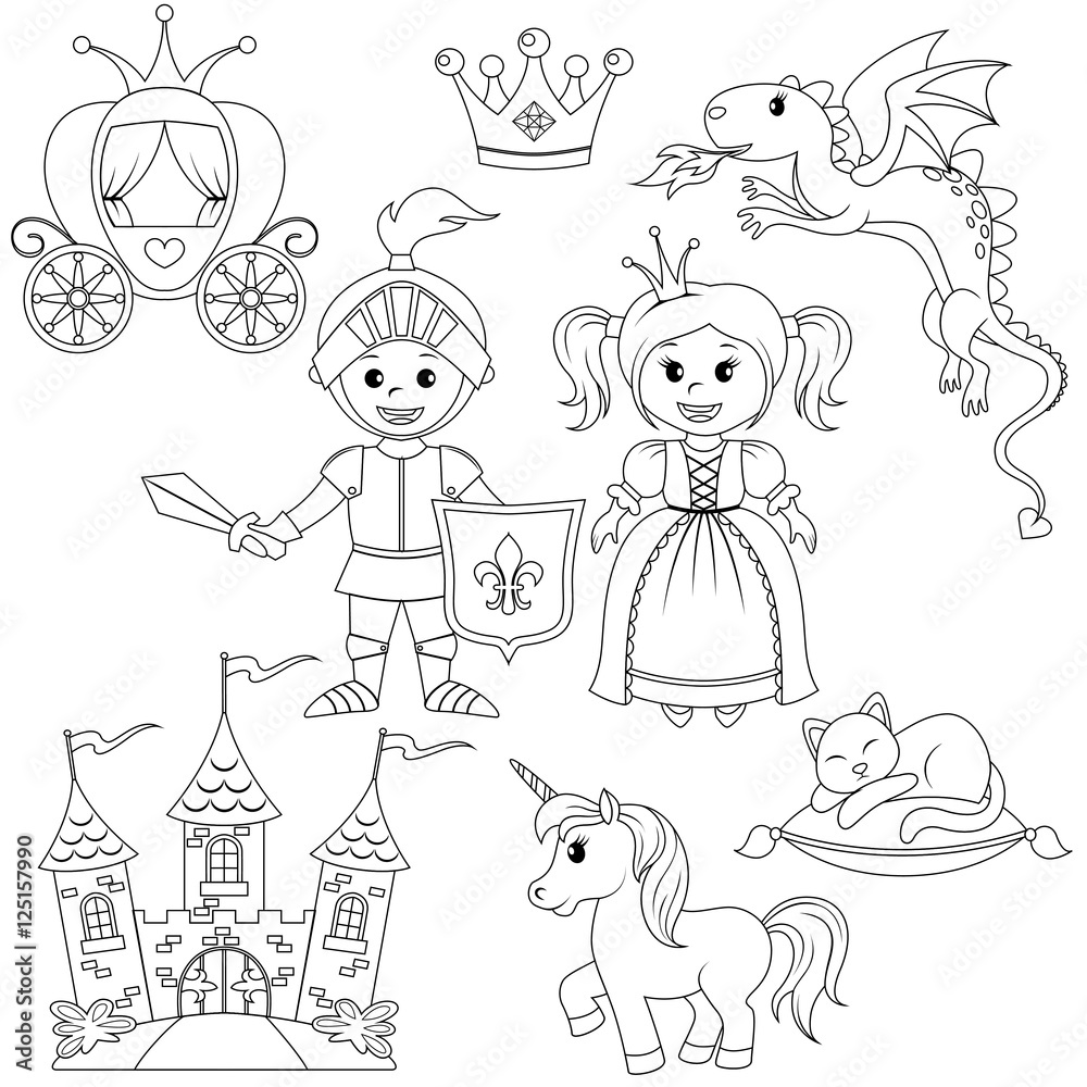 Fairytale princess knight castle carriage unicorn crown dragon cat and butterfly black and white vector illustration for coloring book vector