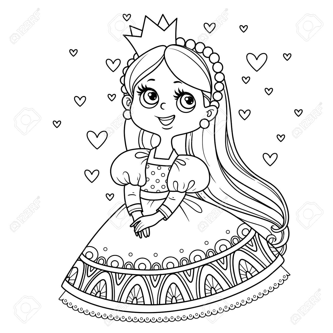 Cute princess in ball dress surrounded by hearts outlined for coloring book royalty free svg cliparts vectors and stock illustration image