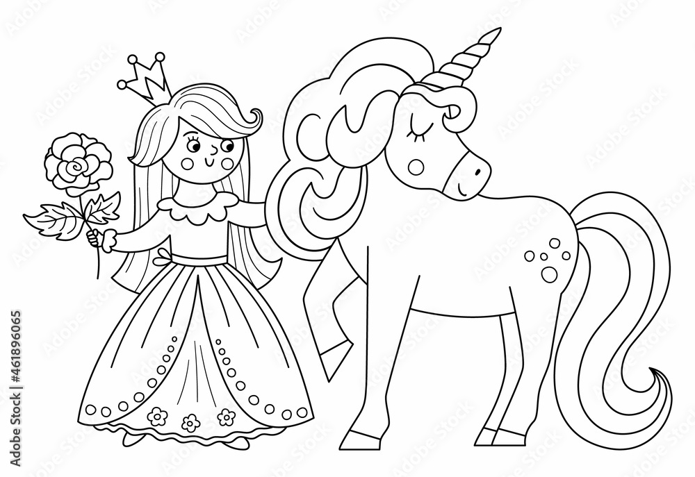 Fairy tale black and white vector princess with unicorn and rose fantasy girl in crown coloring page medieval line fairytale maid girlish cartoon magic icon with cute character vector