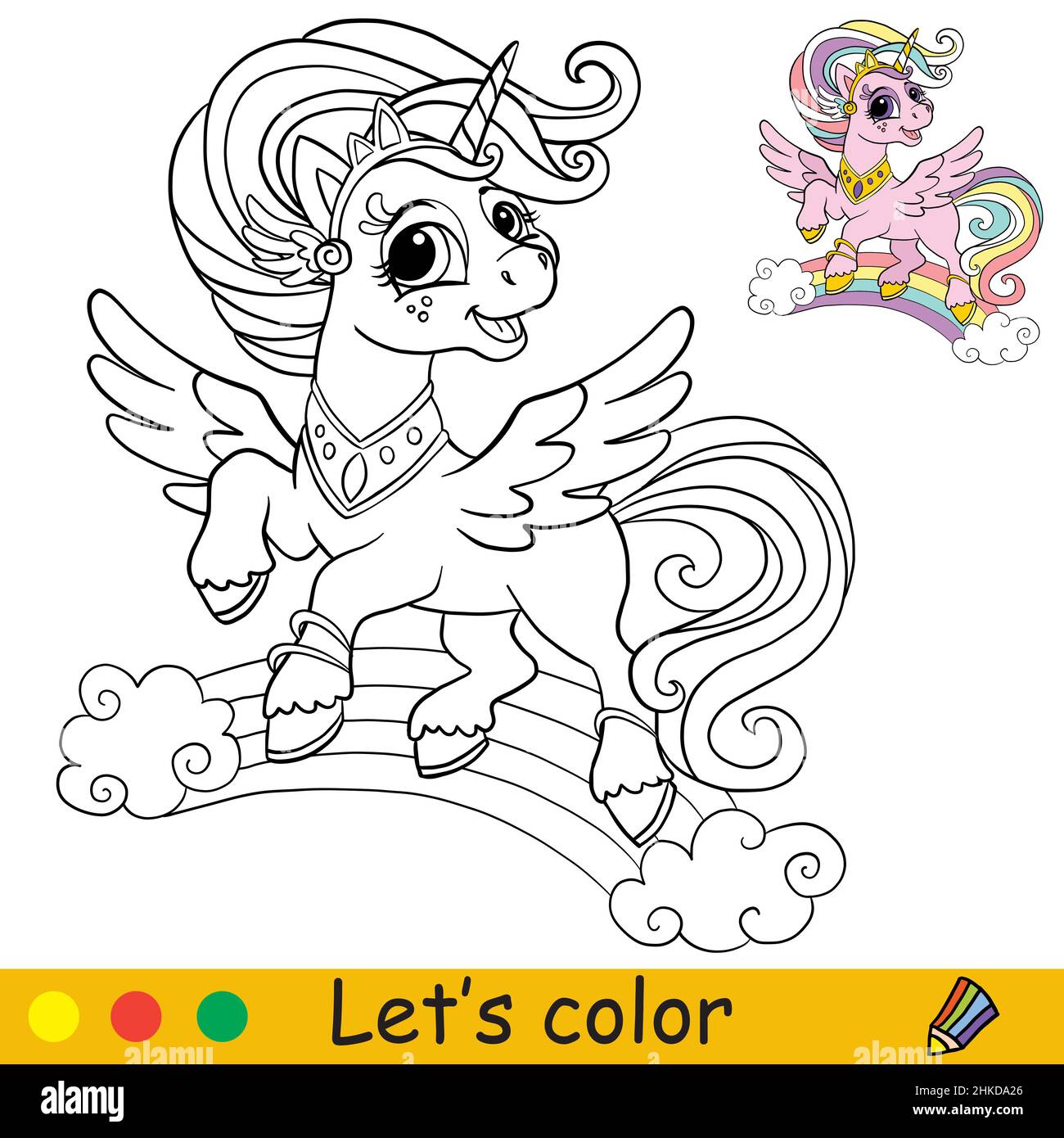 Cute flying unicorn princess coloring book page with color template vector cartoon illustration for kids coloring card print design decor and p stock vector image art