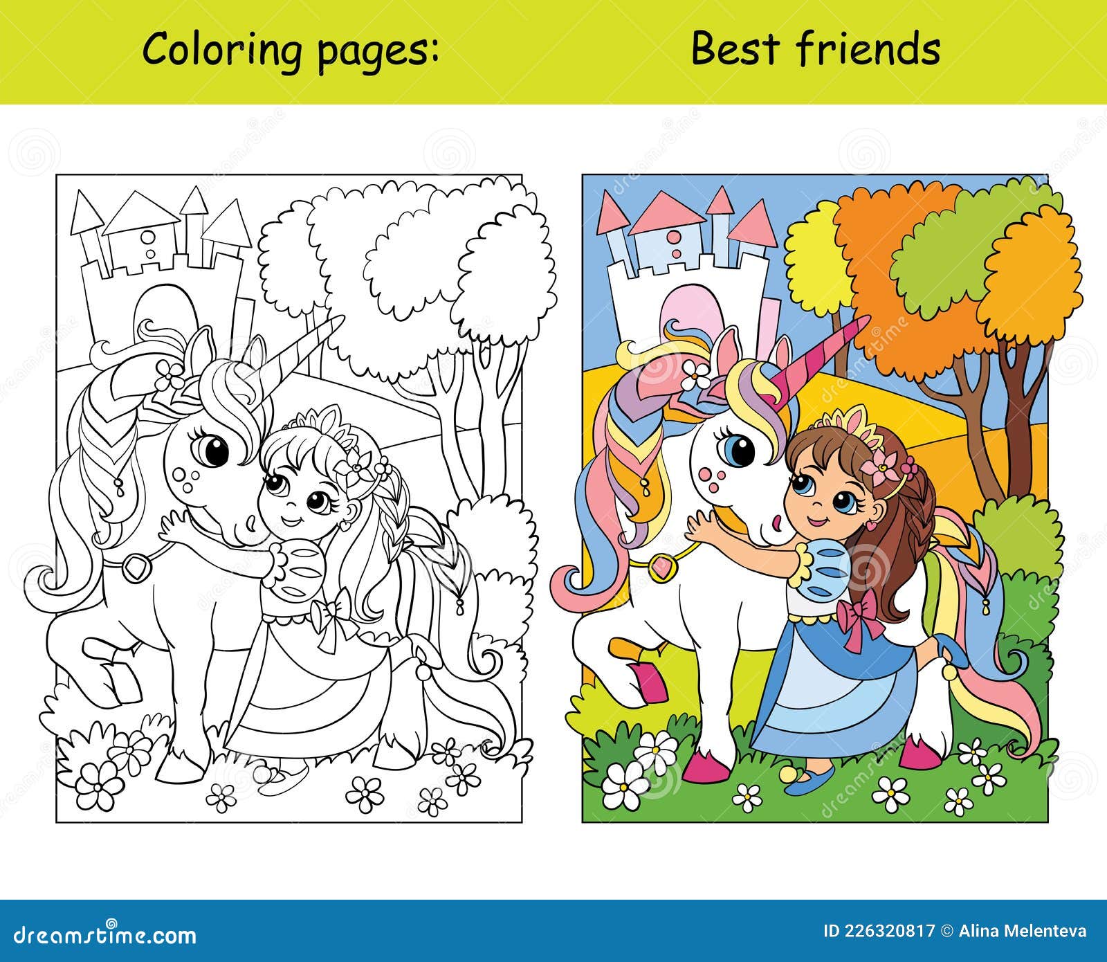 Coloring and color cute princess hugs with a unicorn stock vector