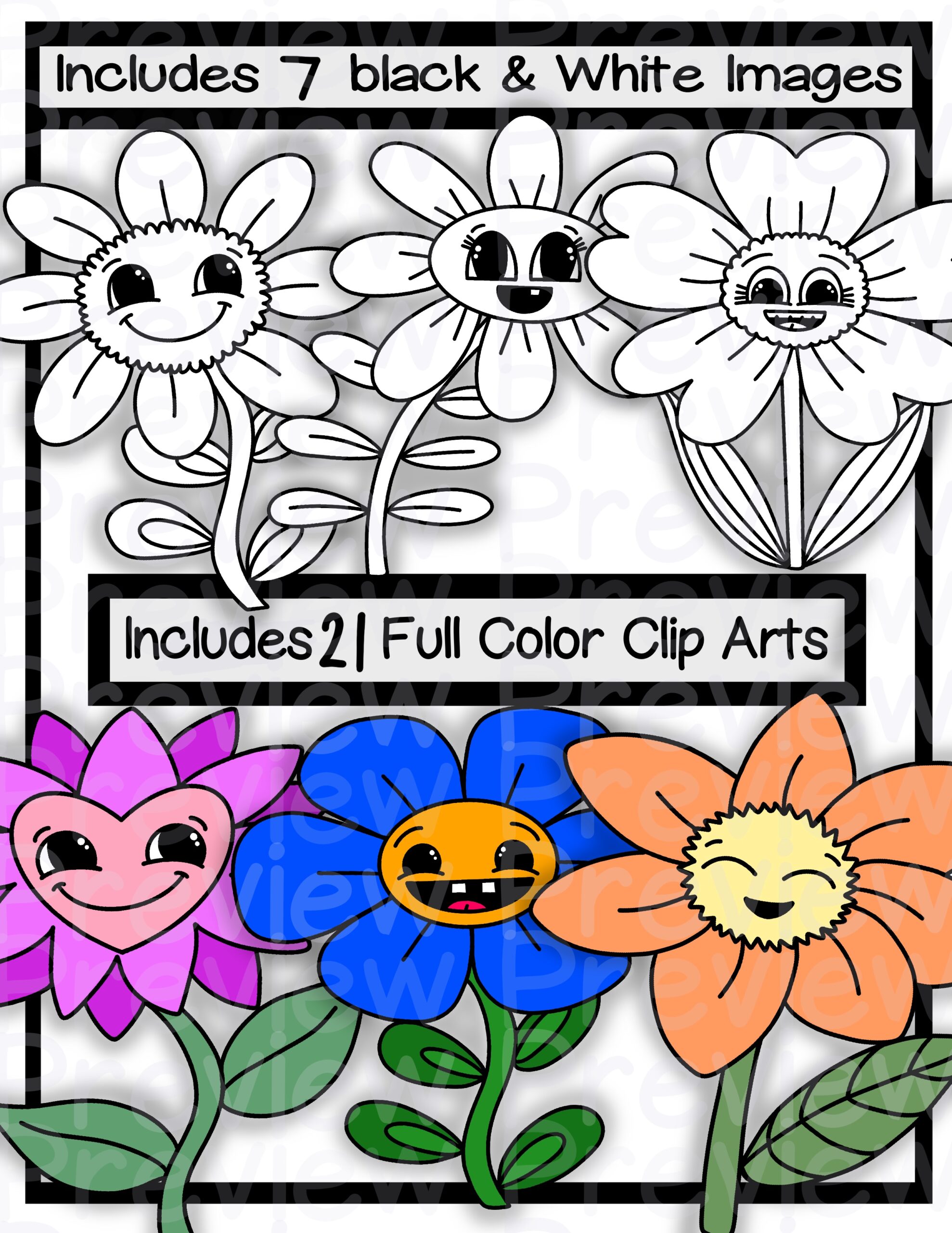 Flower character clip arts for spring with printable pdf for coloring pages made by teachers