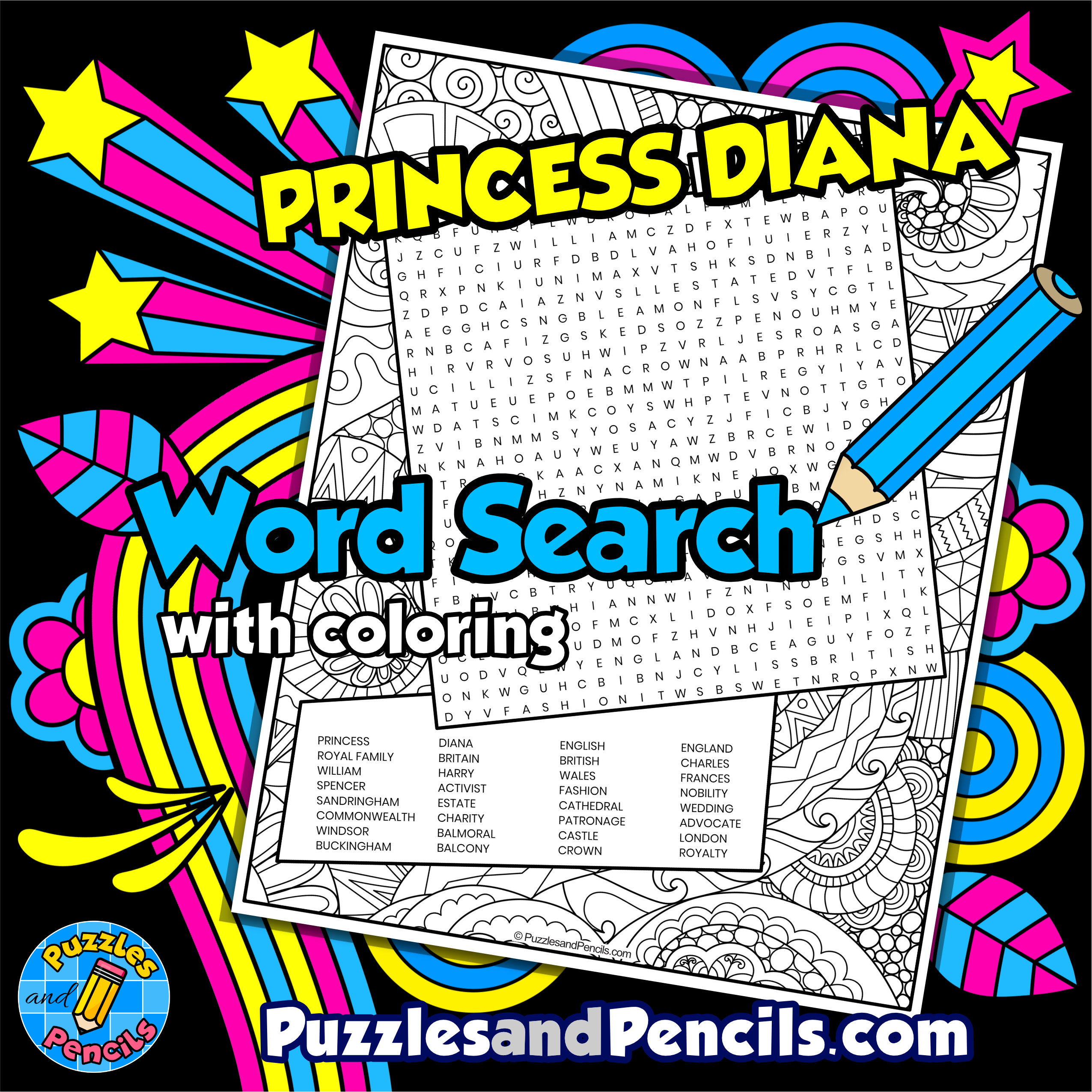 Princess diana word search puzzle activity page with coloring womens history month wordsearch made by teachers