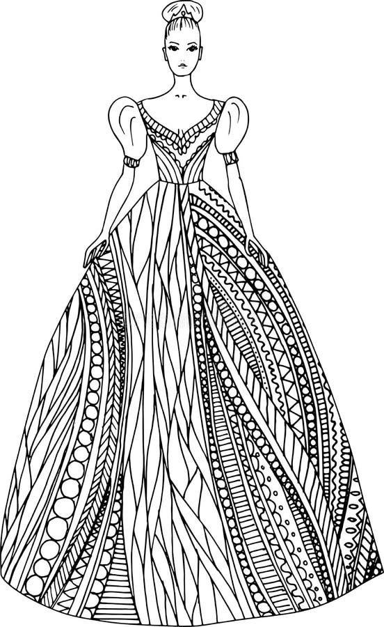 Doodle girl in beautiful fantasy dress coloring page for adults fantastic graphic artwork hand drawn illustration stock vector