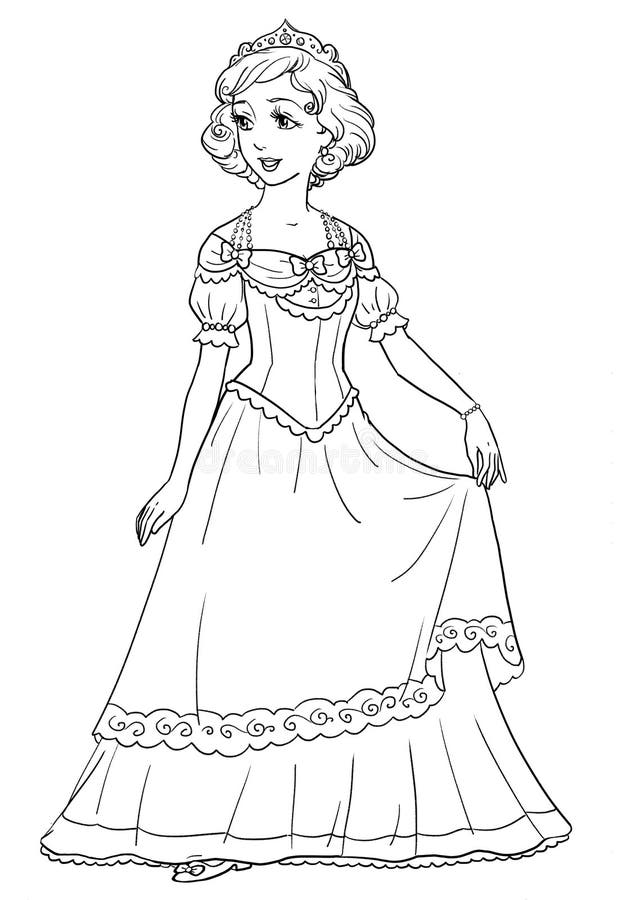 Coloring page with beautiful princess in pretty dress stock illustration