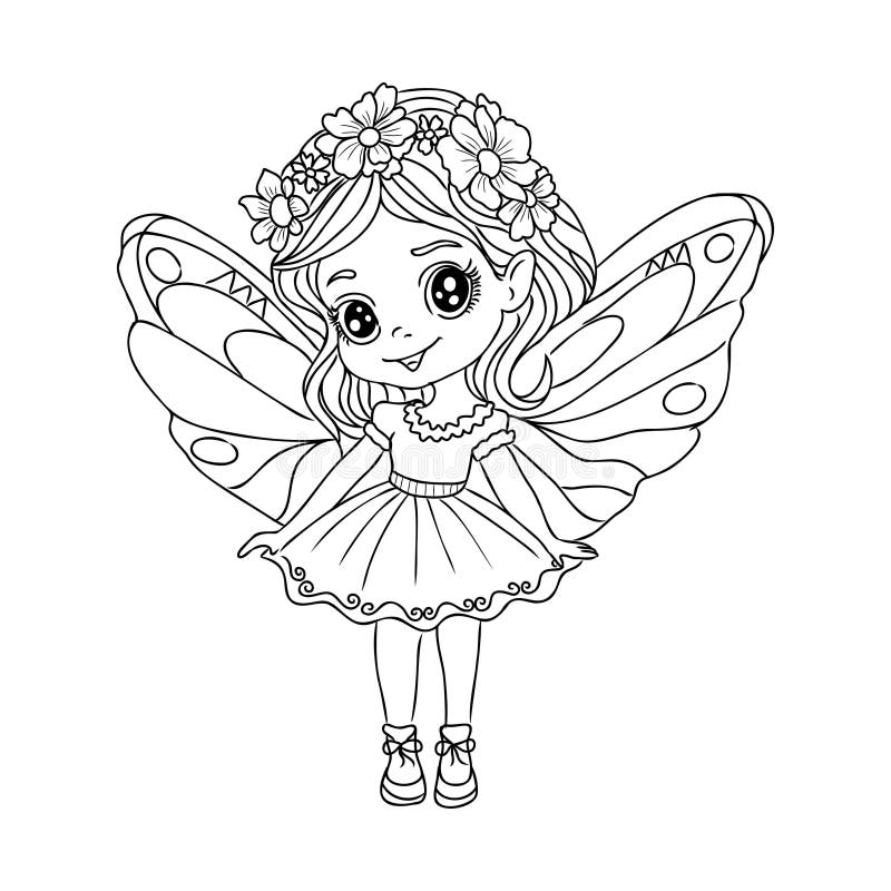 Beautiful princess fairy tinkerbell with buttlerfly coloring page stock vector