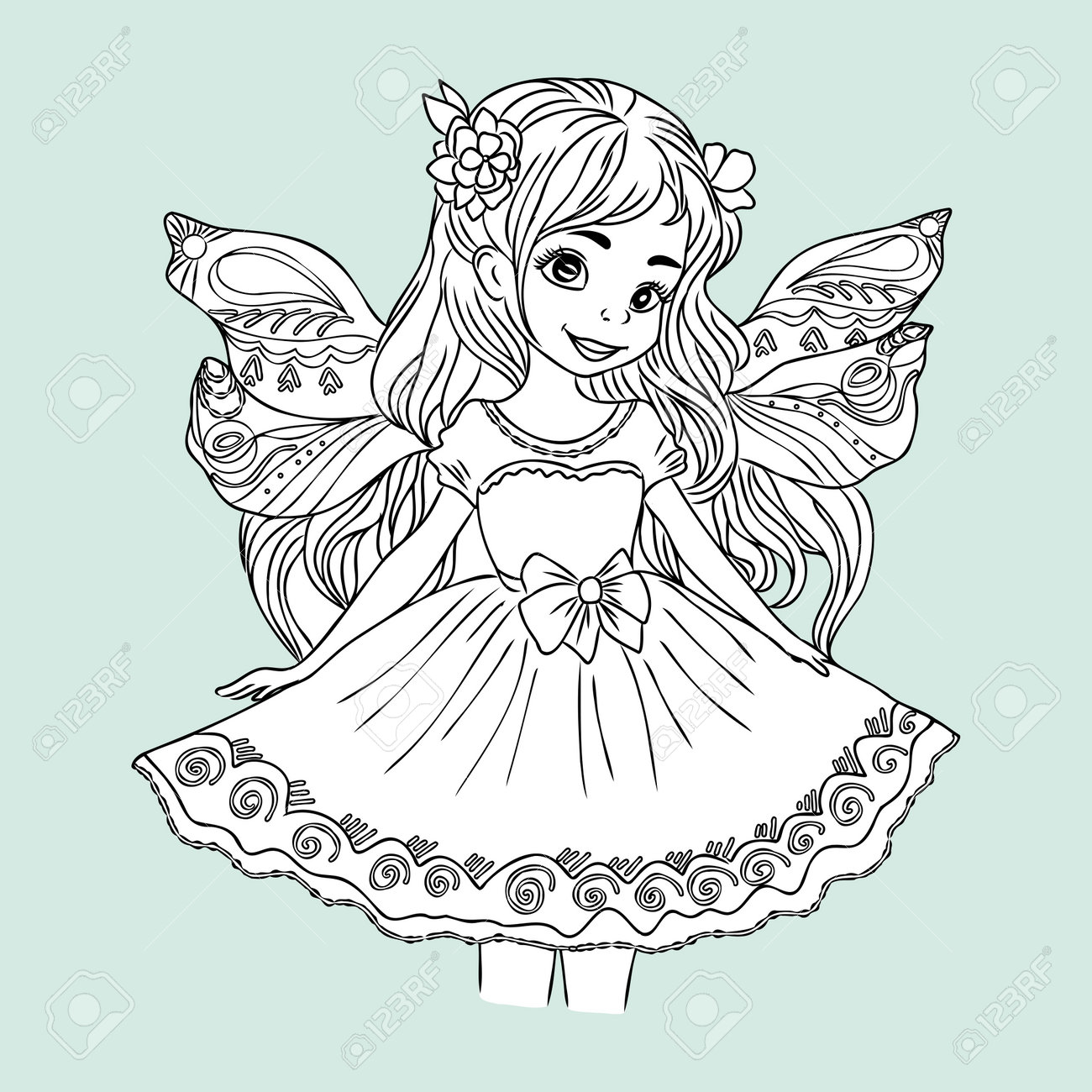 Beautiful princess fairy tinkerbell with buttlerfly coloring page royalty free svg cliparts vectors and stock illustration image