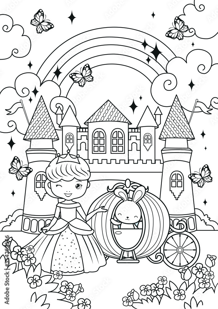 Cute princess and bunny in the magic castle coloring pages kids coloring book vector