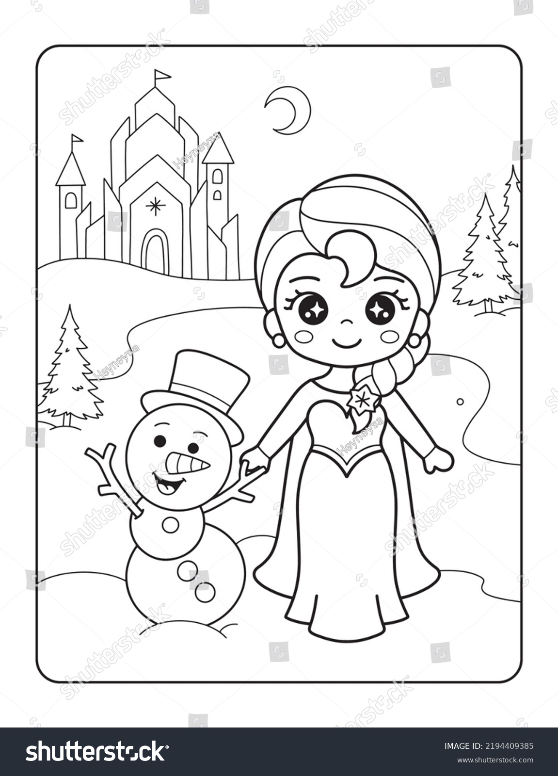 Beautiful princess frozen snowman coloring page stock vector royalty free