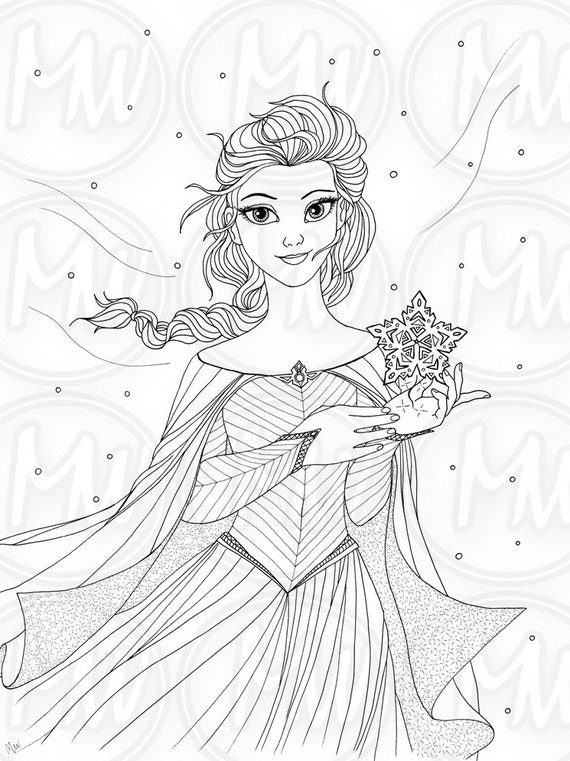 Elsa frozen princess queen coloring page illustration printable instant download detailed art digital stamp black and white