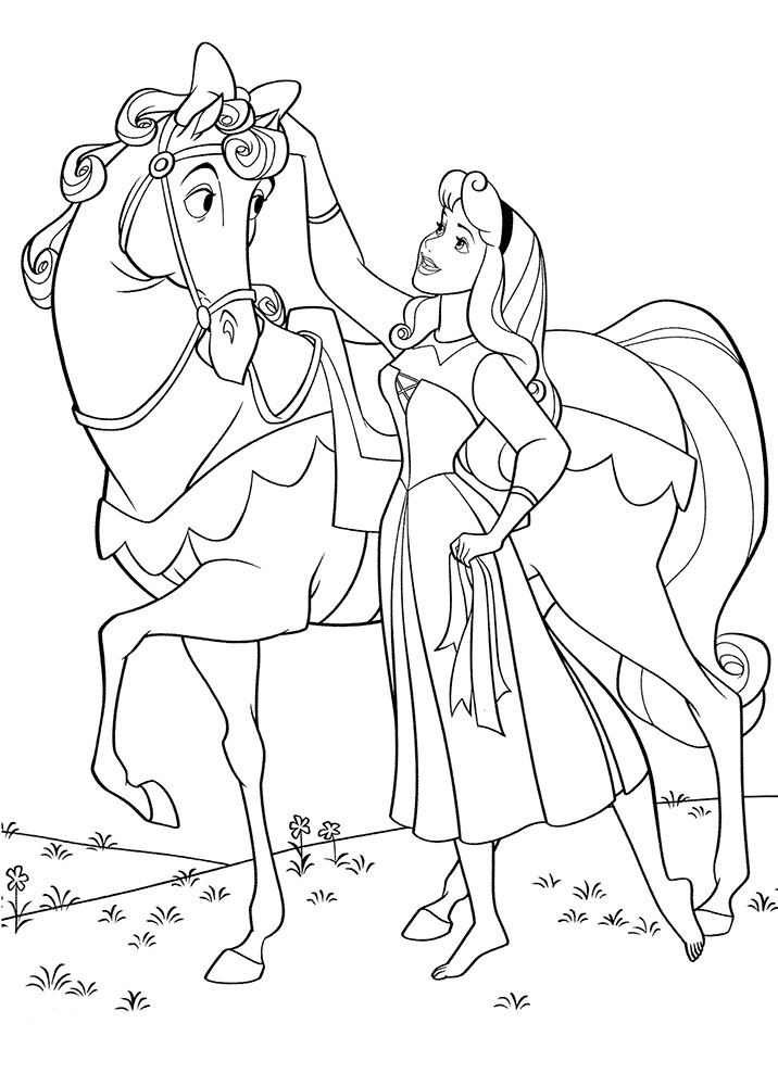 The sleeping beauty with a horse coloring page