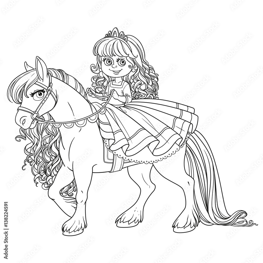 Cute little princess riding on a white horse outlined picture for coloring book on white background vector