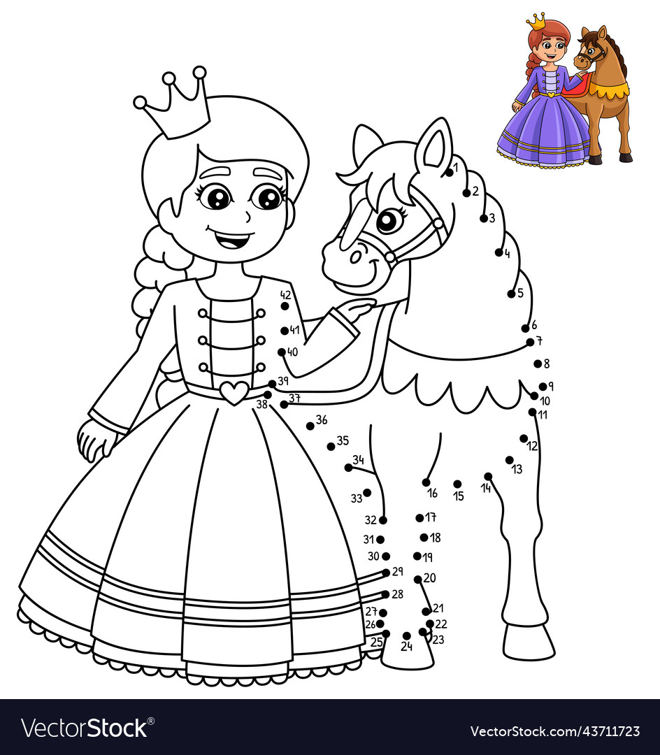Dot to princess and horse coloring page royalty free vector