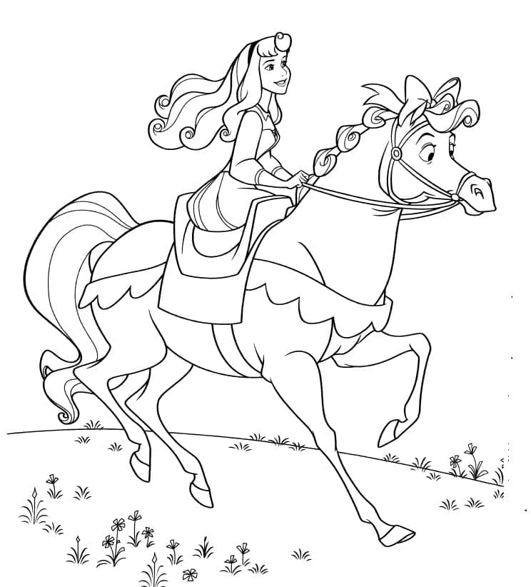 Aurora is riding horse coloring page