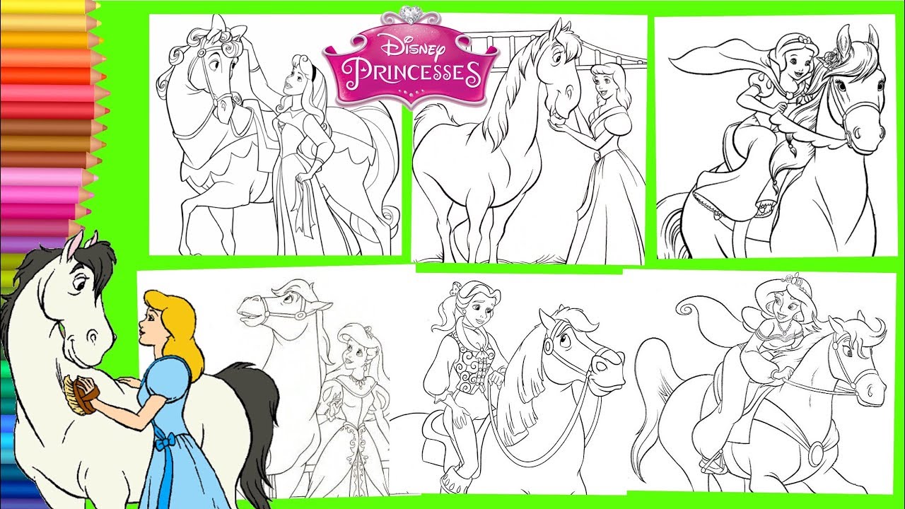 Coloring disney princess belle cinderella aurora jasine ariel horse riding coloring pages
