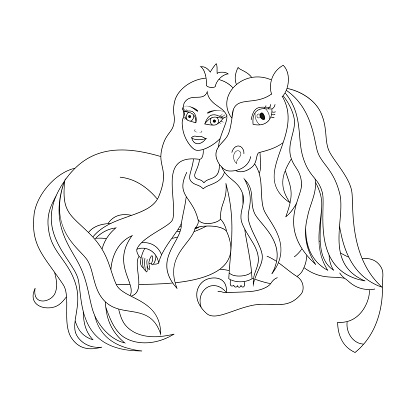 Beautiful princess and her horse coloring book page stock illustration