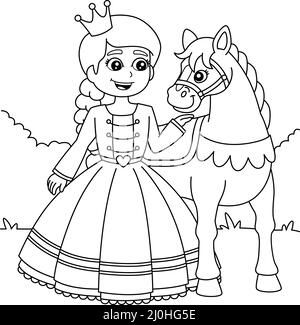 Princess and horse coloring page for kids stock vector image art