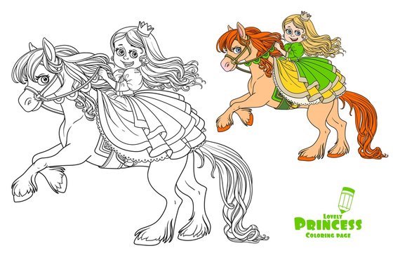 Cute princess riding on horse that bucks front hooves color and outlined picture for coloring book on a white background vector
