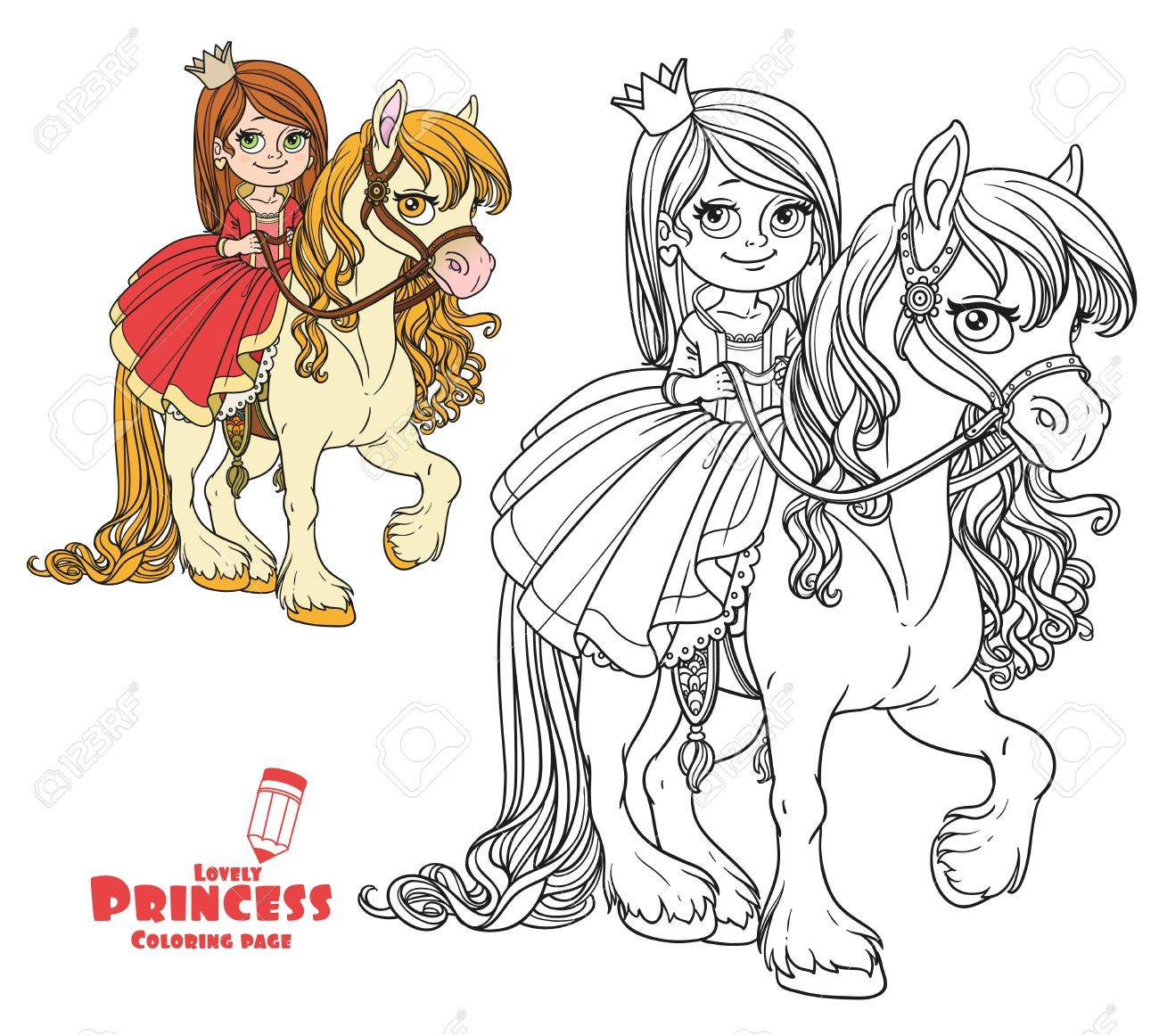 Beautiful little princess riding on horse color and outlined picture for coloring book on white background royalty free svg cliparts vectors and stock illustration image