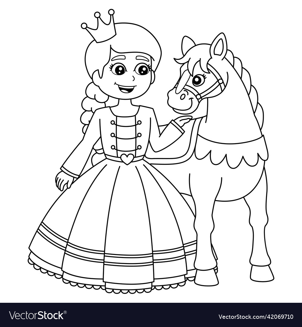 Princess and horse coloring page isolated for kids