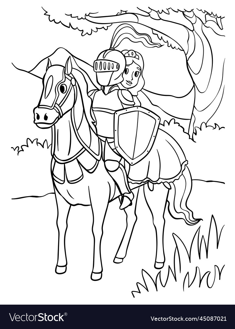 Knight and princess riding a horse coloring page vector image