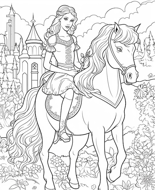 Premium ai image a coloring page of a princess riding a horse in a field generative ai