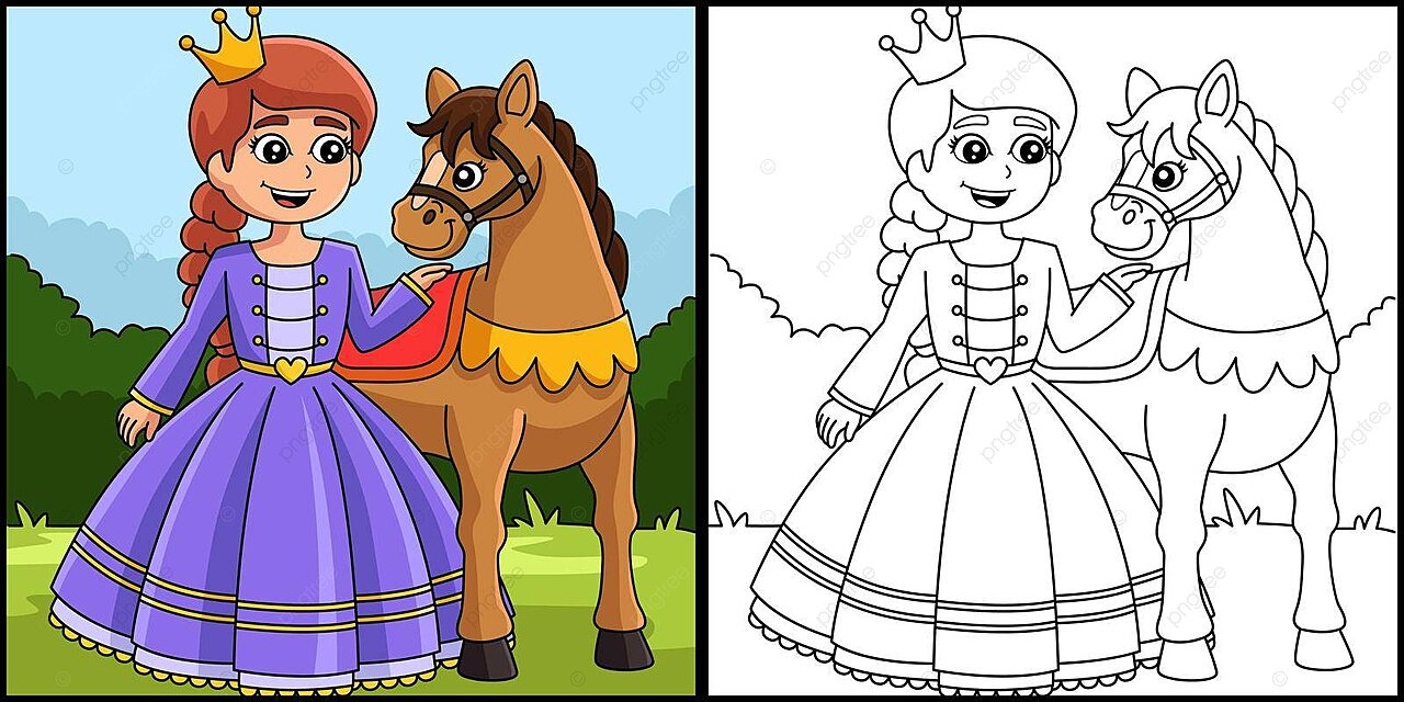 Princess and horse coloring page illustration princess colour beautiful vector princess colour beautiful png and vector with transparent background for free download