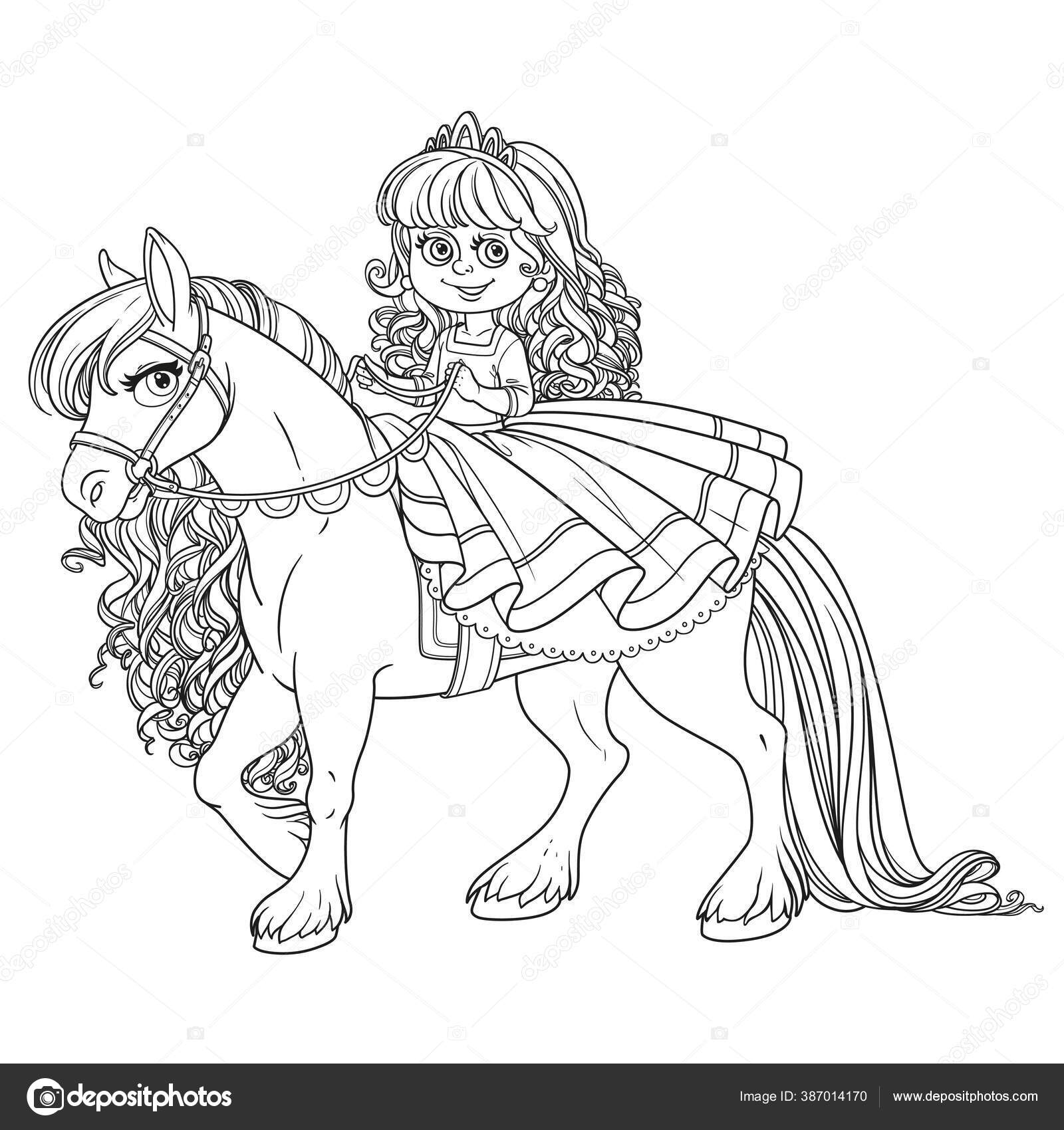 Cute little princess riding white horse outlined picture coloring book stock vector by yadviga