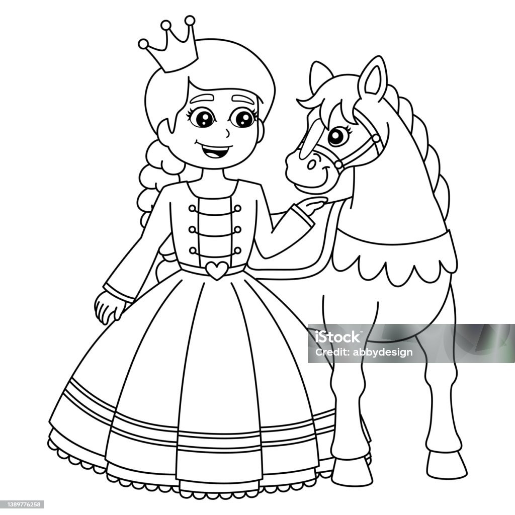 Princess and horse coloring page isolated for kids stock illustration