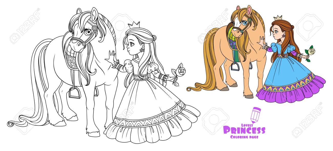 Beautiful princess stroking a horse color and outlined picture for coloring book on white background royalty free svg cliparts vectors and stock illustration image