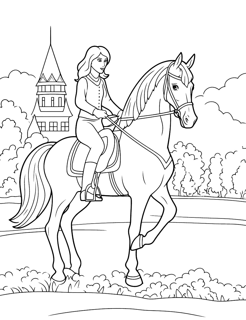 Princess riding race horse coloring page