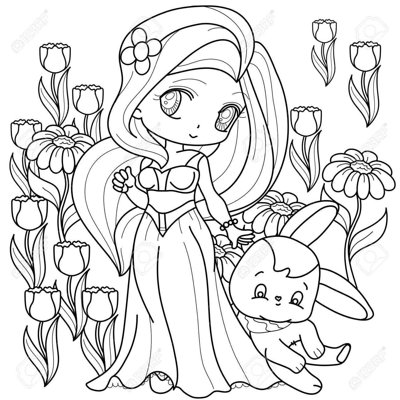 Beautifull little princess fantasy black and white image outlined on white background for kids coloring book vector illustration royalty free svg cliparts vectors and stock illustration image