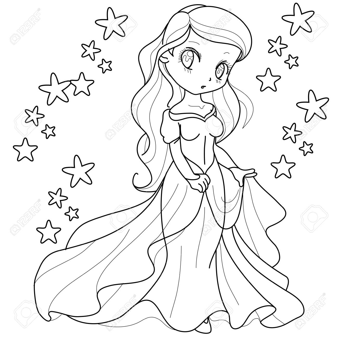 Cute cartoon little princess outlined for coloring book isolated on a white background vector illustration royalty free svg cliparts vectors and stock illustration image