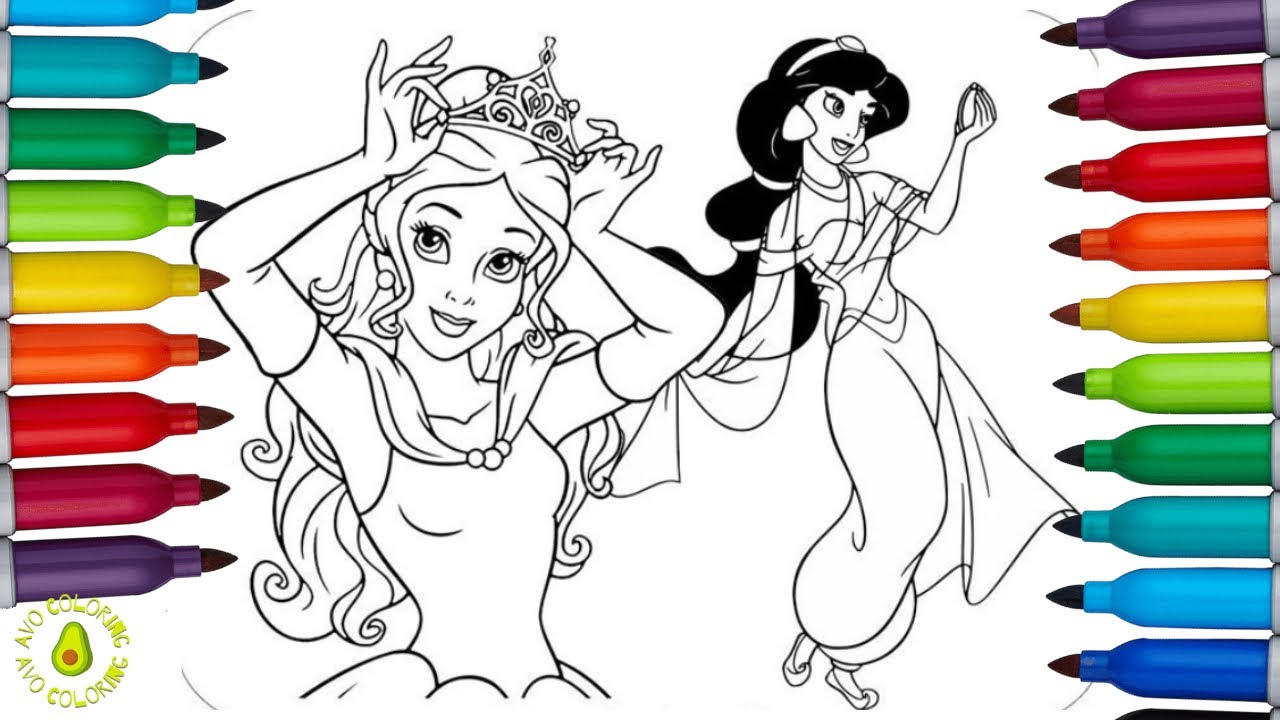 Disney princess belle vs jasmine coloring pages coloring disney princess