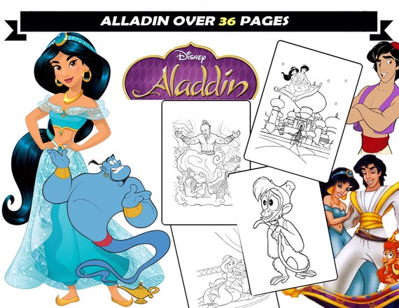 Princess jasmine aladdin coloring sheets for girls genie abu jafar iago cartoon characters coloring pages for kids instant download