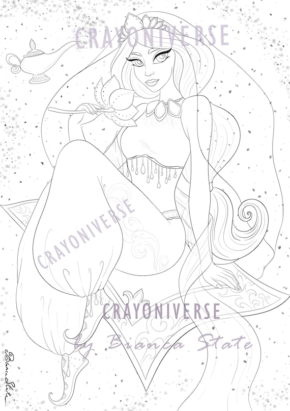 Princess jasmine coloring page for adults instant download printable file lineart illustration jpg and pdf bianca state instant download