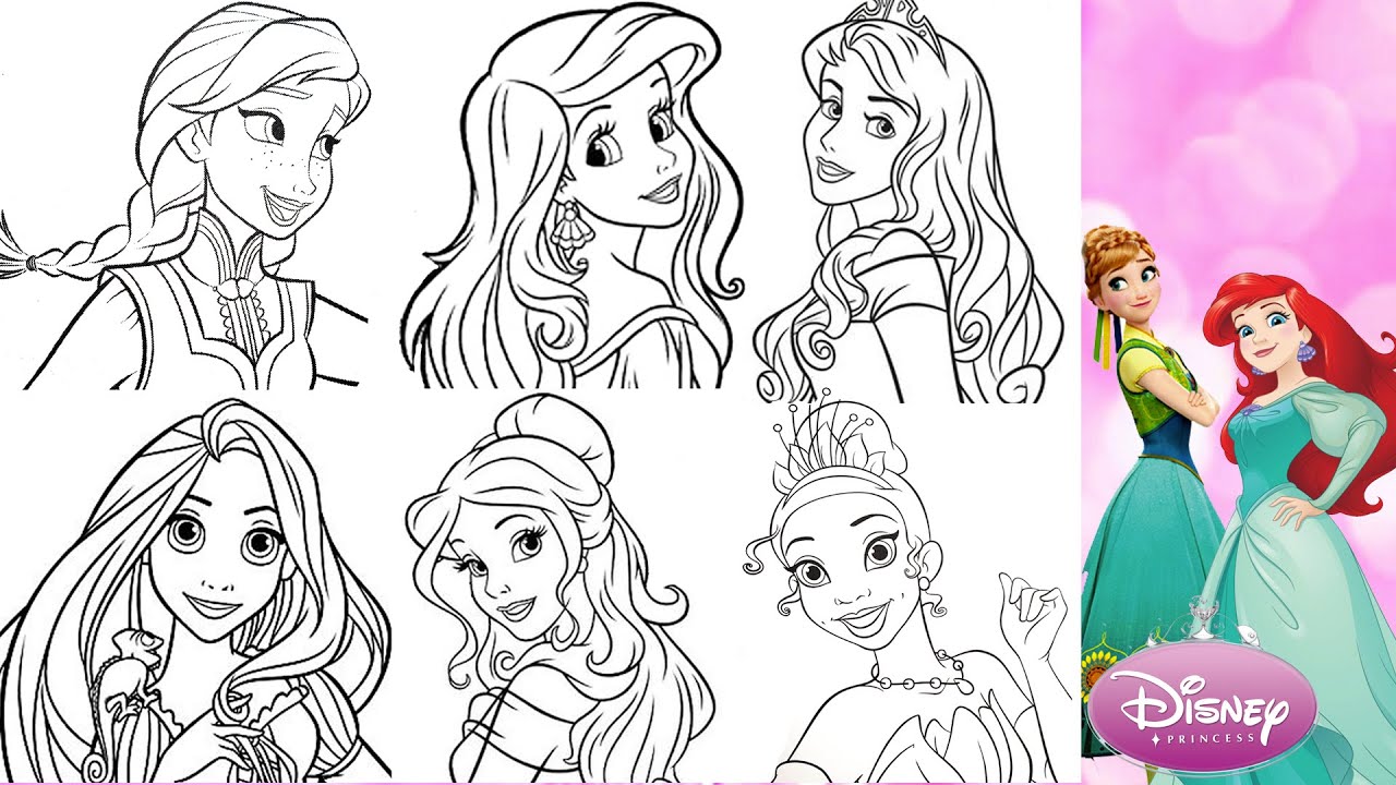 Princesses together disney coloring page anna ariel aurora tiana belle rapunzel princess copilation