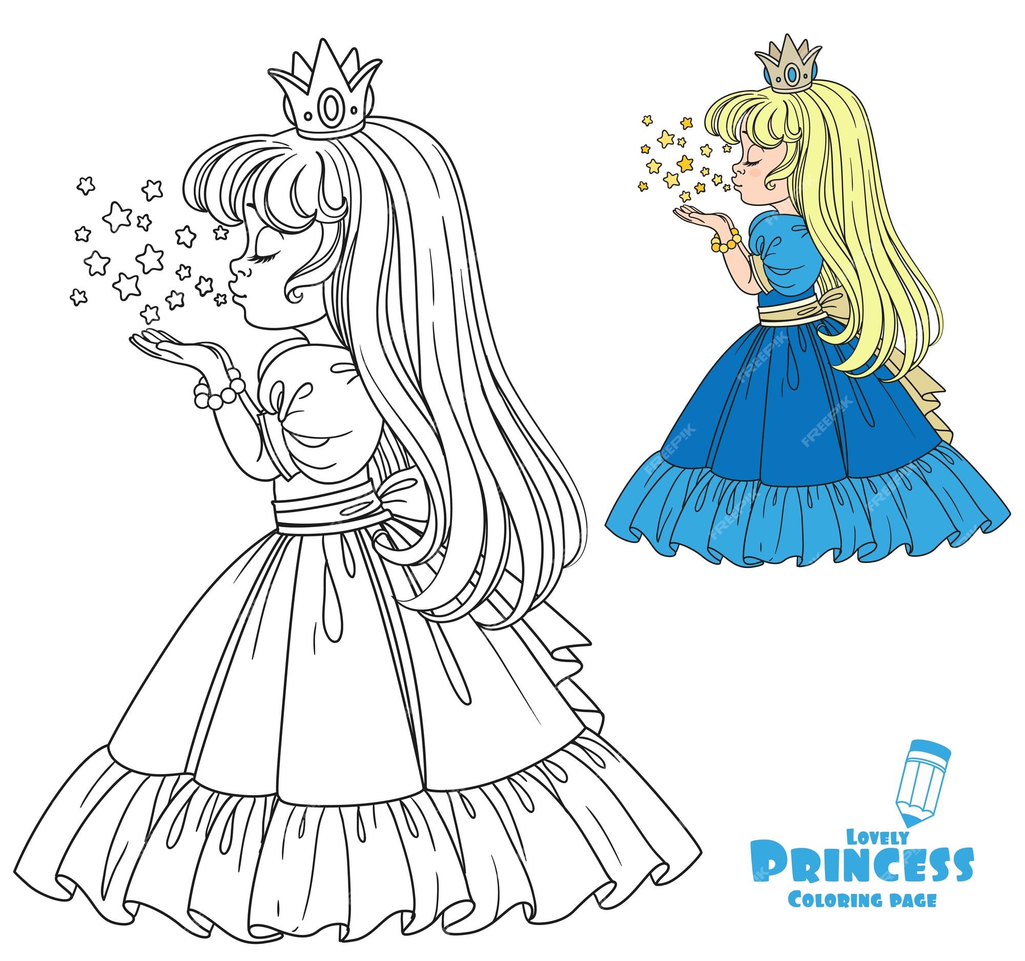 Premium vector beautiful princess girl blows off the magic shiny stars color and outlined picture for coloring book on white background