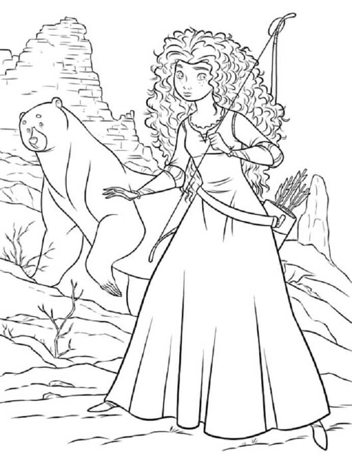 Merida holding bow and bear coloring page