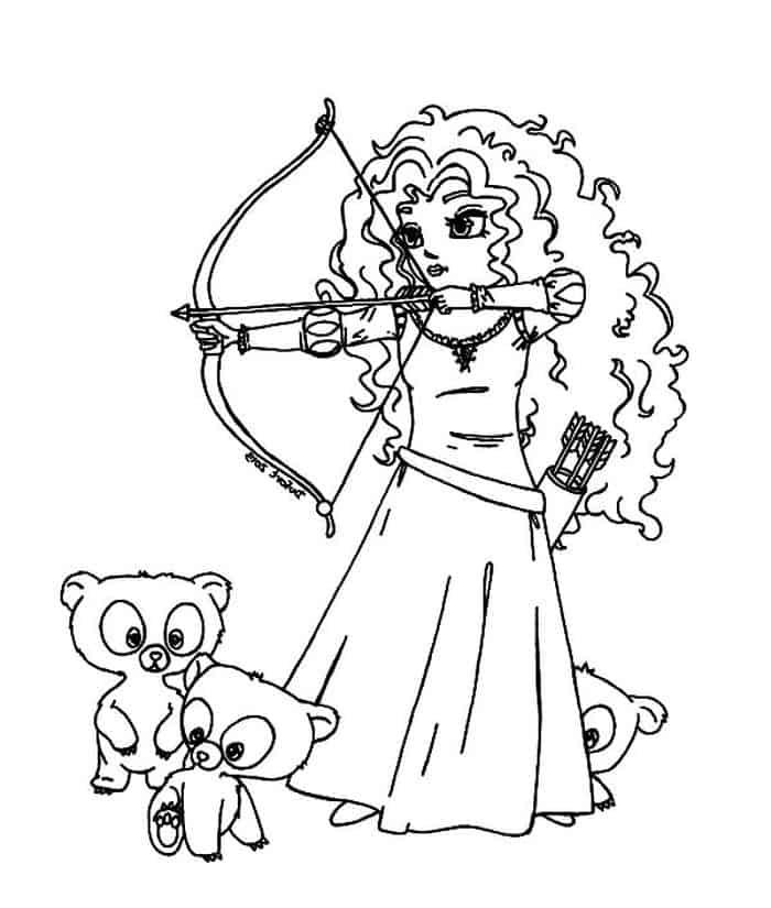 Princess merida archer and three animals coloring page