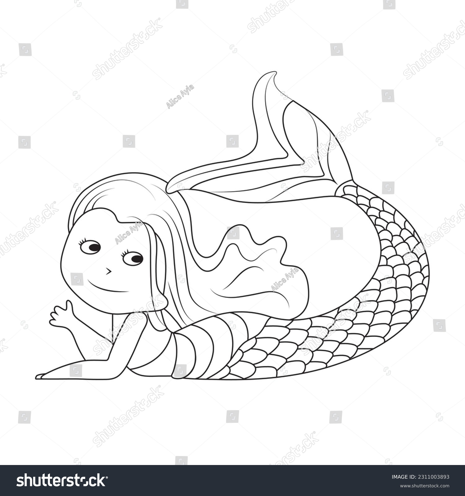 Princess mermaid coloring pageblack white cartoon stock vector royalty free