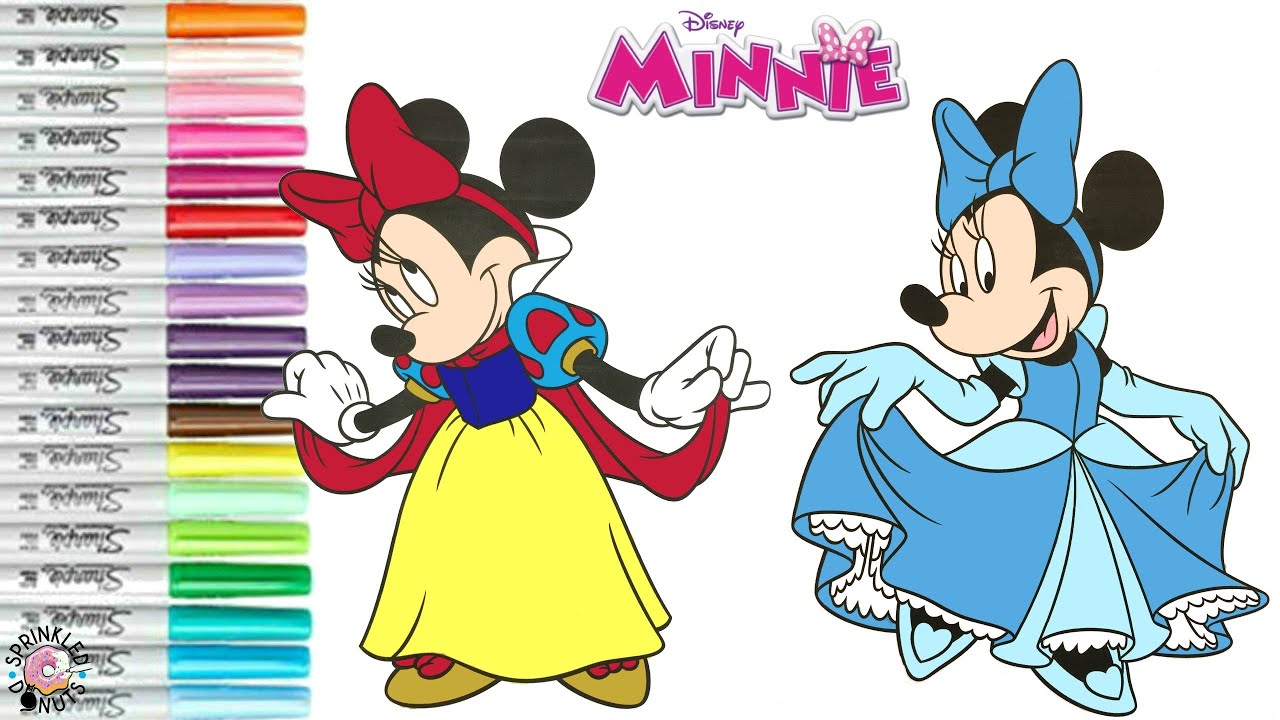 Disney minnie mouse coloring book page minnie as disney princess snow white and cinderella