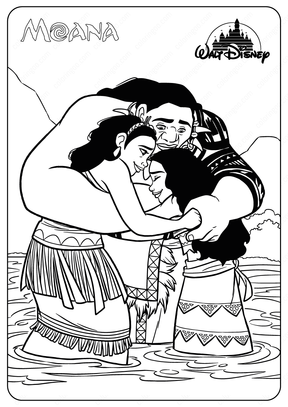 Printable disney moana and her family coloring page