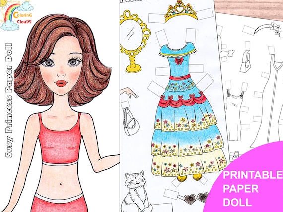 Princess paper doll paper doll printable instant download coloring paper doll paperdoll printable coloring page digital paper doll instant download
